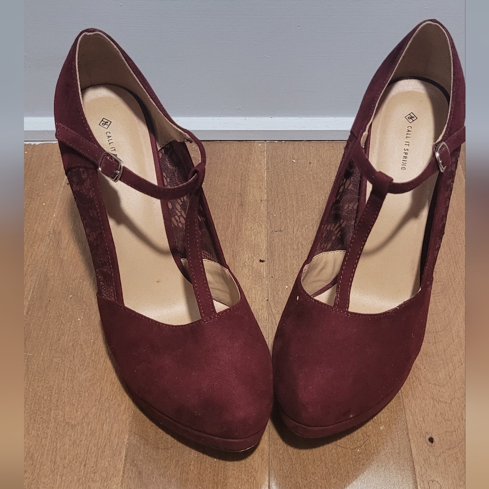 Call It Spring Burgundy T-Strap Heels